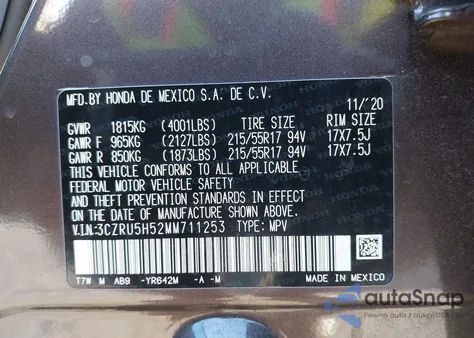 2021 Honda Hr-V 2Wd Ex z USA, uszkodzony, nr VIN 3CZRU5H52MM711253